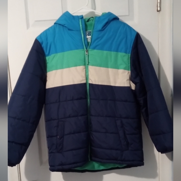 Whales Tail Other - Kids Colorblock Puffer Jacket - Blue, Green, and Cream